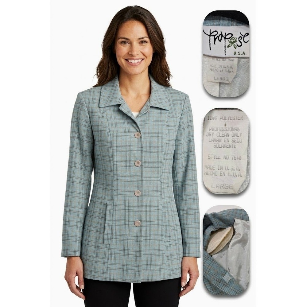 Vintage Propose USA Light Blue Plaid Blazer Jacket Large Womens Made in USA Y2K